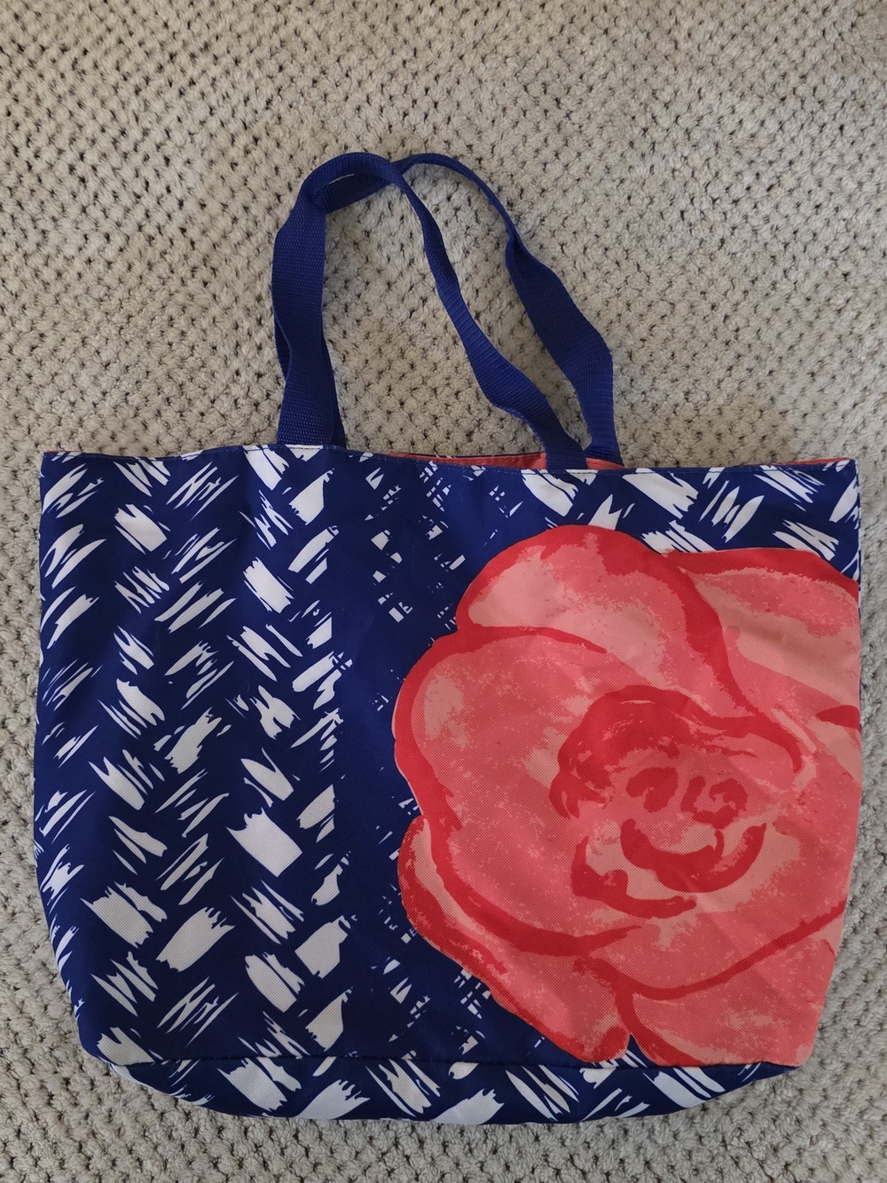 Lancome Navy Tote with Coral Floral Motif